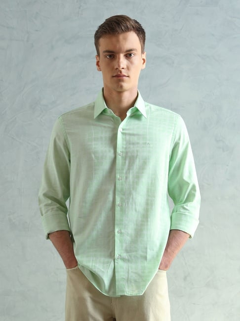 Arrow New York Light Green Cotton Slim Fit Checked Shirt
