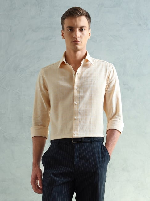 Arrow New York Cream Cotton Slim Fit Checked Shirt