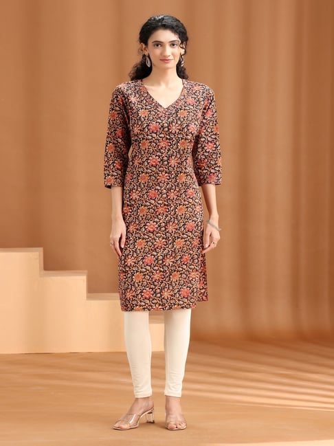 Cotton Culture Black & Orange Cotton Floral Print Kurta-picture-41