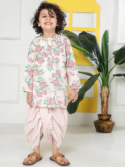 Little Bansi Boys Pink Regular Fit Cotton Printed Kurta With Dhoti