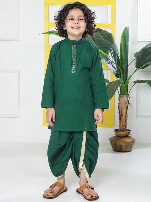 Little Bansi Boys Green Regular Fit Cotton Kurta With Dhoti