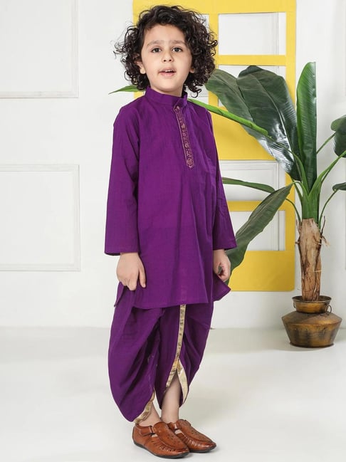 Little Bansi Boys Purple Regular Fit Cotton Kurta With Dhoti