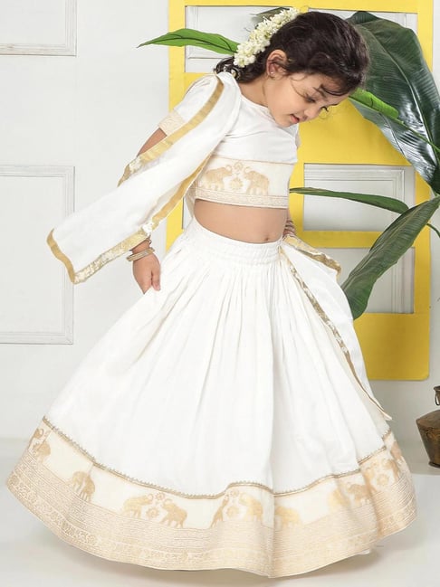 Little Bansi Girls Cream Regular Fit Printed Lehenga Choli