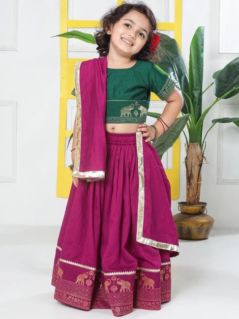 Little Bansi Girls Maroon Regular Fit Printed Lehenga Choli