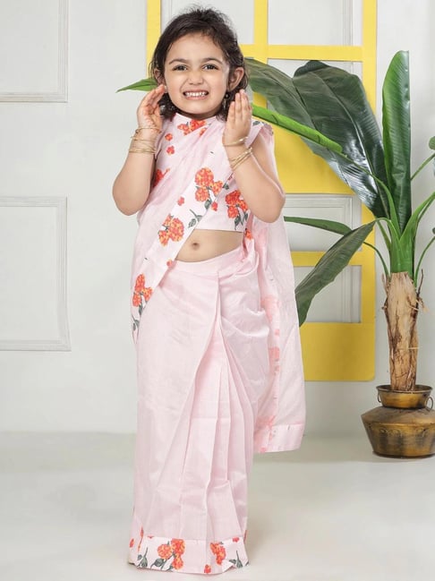 Little Bansi Girls Pink Regular Fit Cotton Printed Saree With Blouse