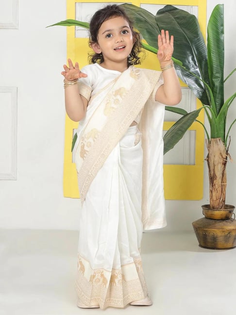 Little Bansi Girls Cream Regular Fit Printed Saree With Blouse