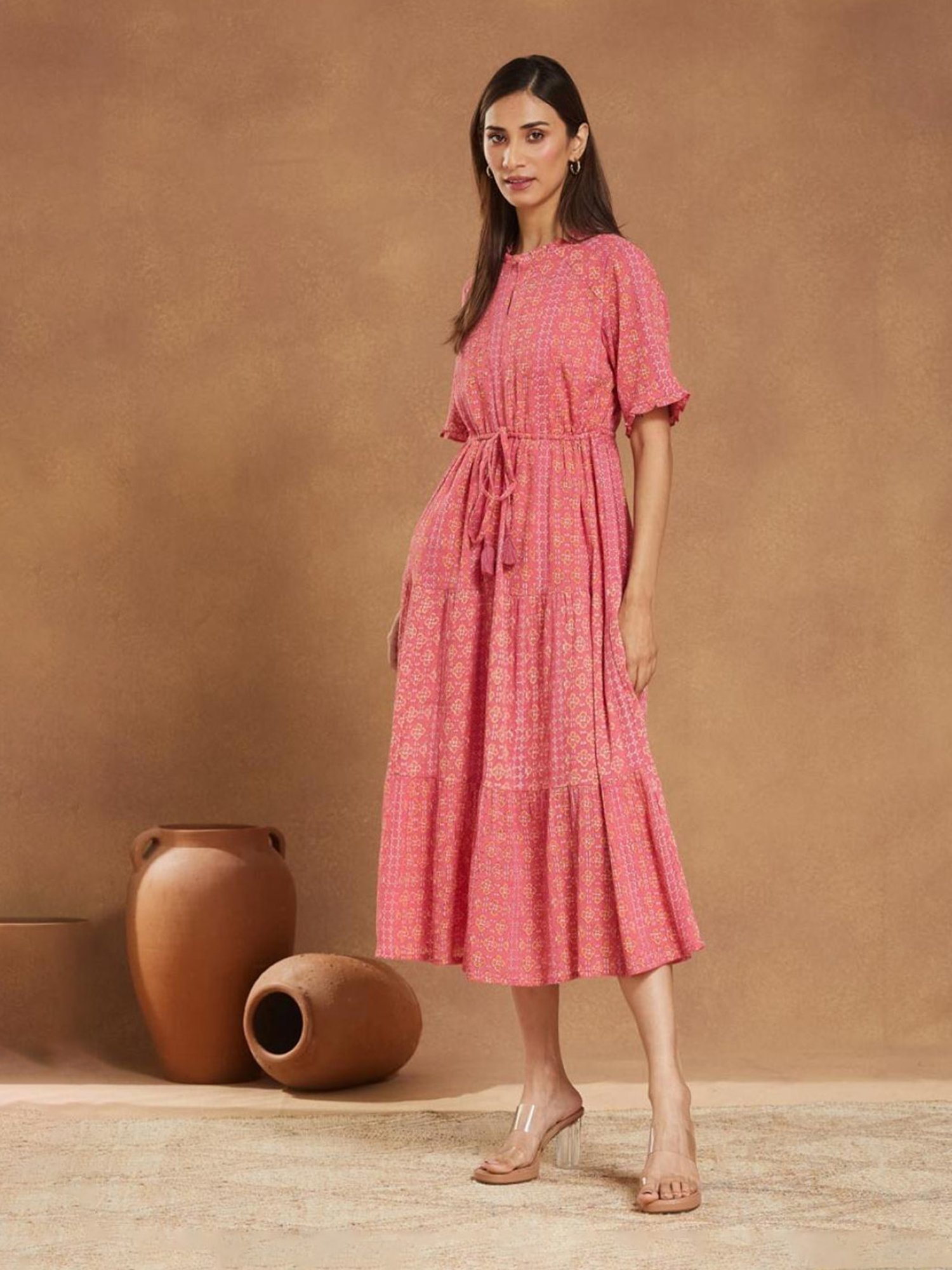 ★ほぼ新品○Indiaインド『Fabindia』ワンピース、ピンク 五分丈 Fabindia Pink Cotton Printed Midi Dress