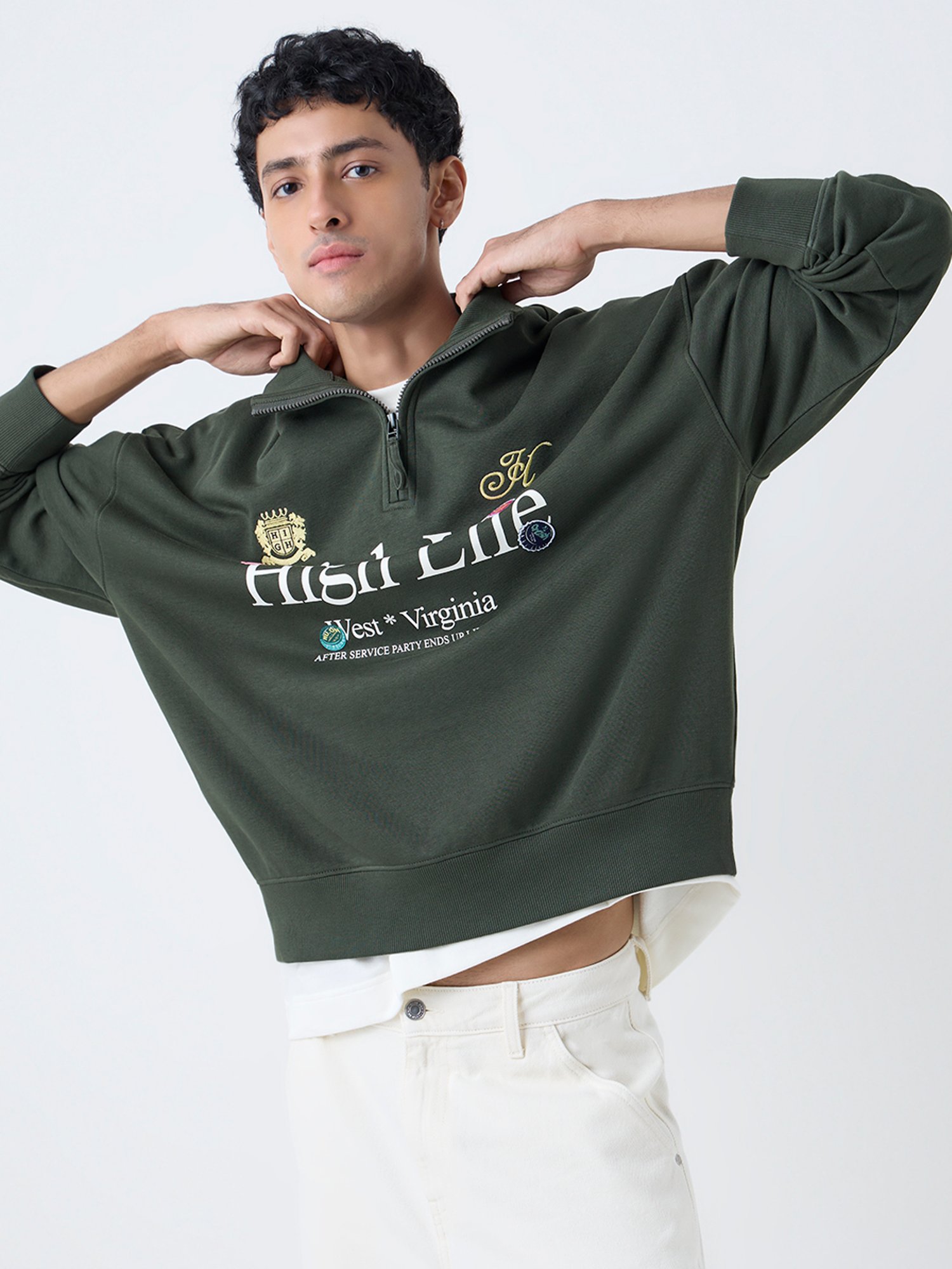 ZEROBASEONE popup スウェットシャツ Nuon by Westside Dark Olive Relaxed-Fit Cotton-Blend Quarter-Zip