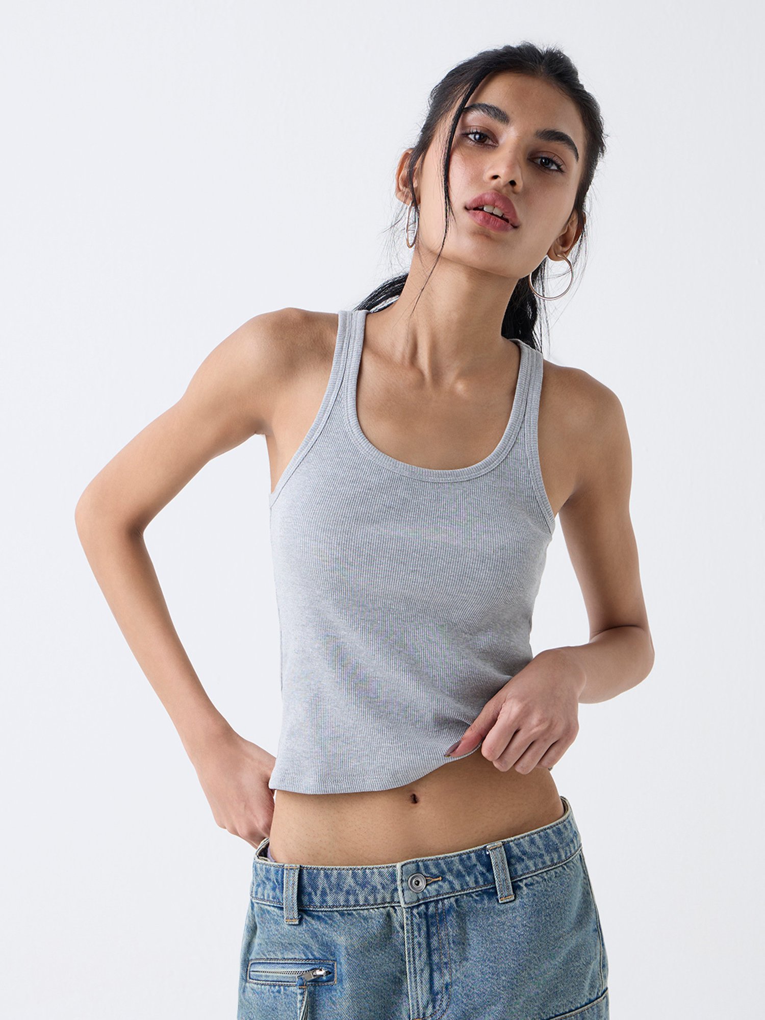Nuon by Westside Grey Ribbed-Textured Cotton-Blend Tank Top