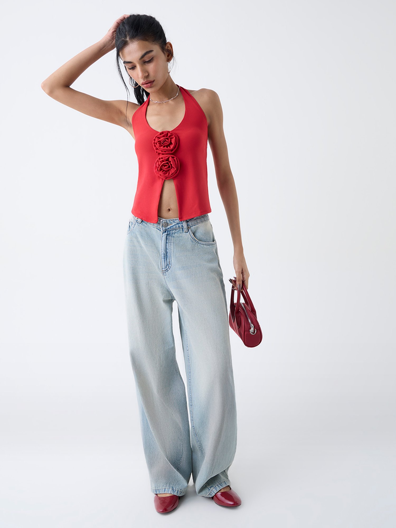 Nuon by Westside Red Rosette-Detailed Halter-Neck Top