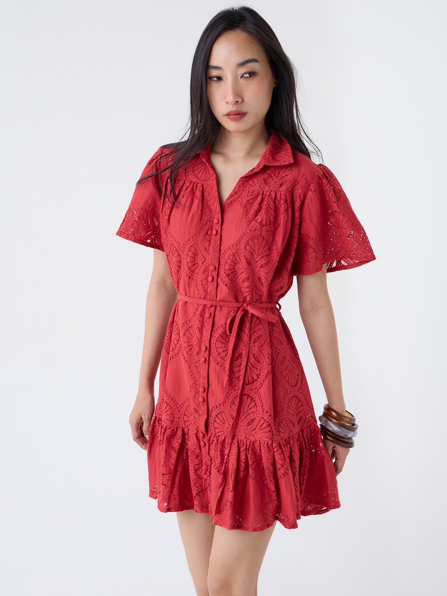 LOV by Westside Red Lace Design Cotton-Blend Shirt Dress with Belt