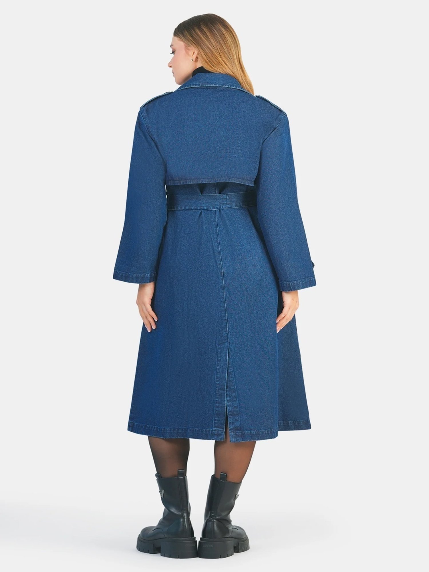 VIRGIO Women Solid Denim Cotton Long Sleeves Lapel Collar Trench Coat