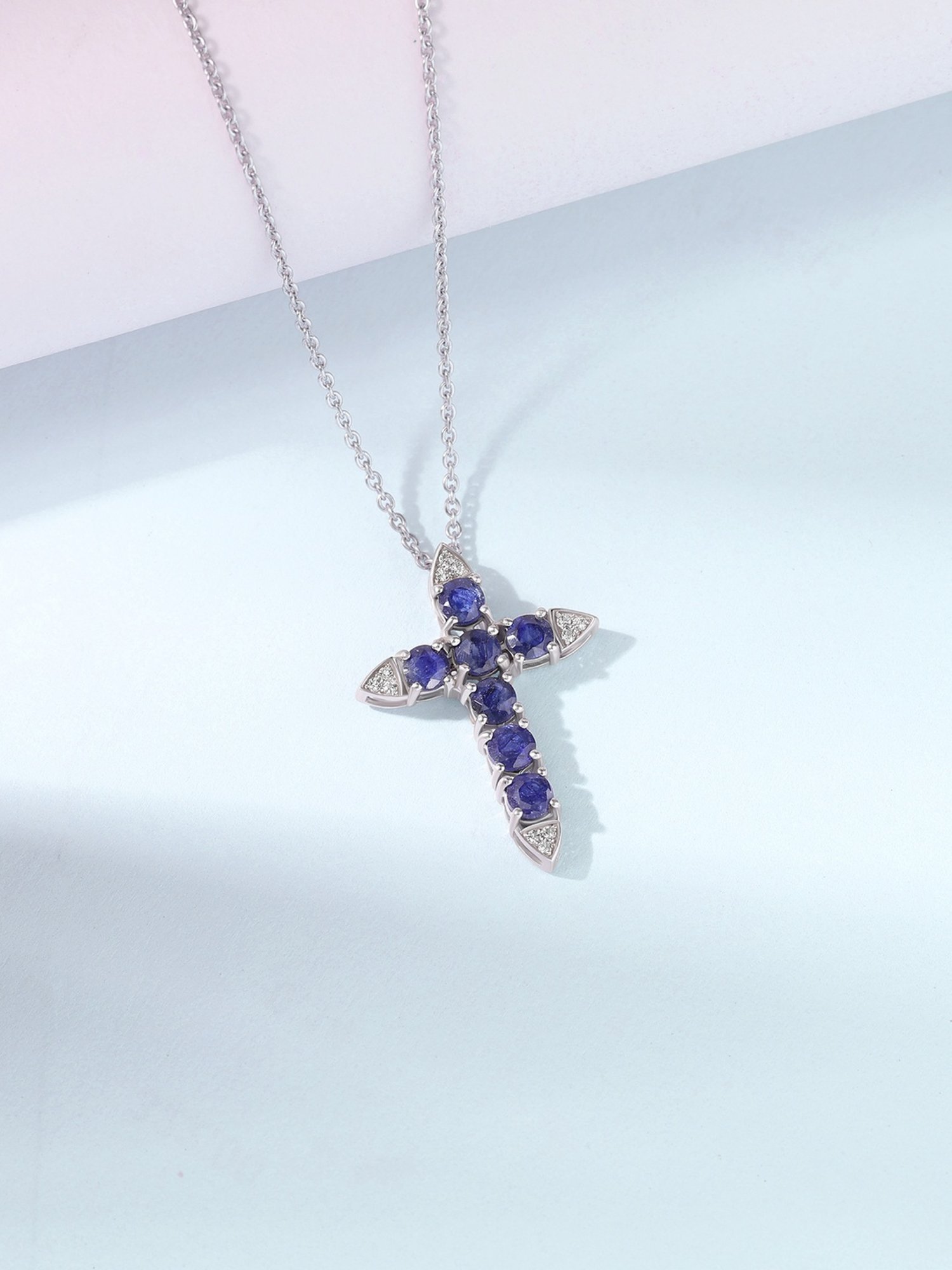 Blue Sapphire Necklace SV925、SV950 925 Silver Natural Blue Fissure Filled Sapphire Cross Necklace for