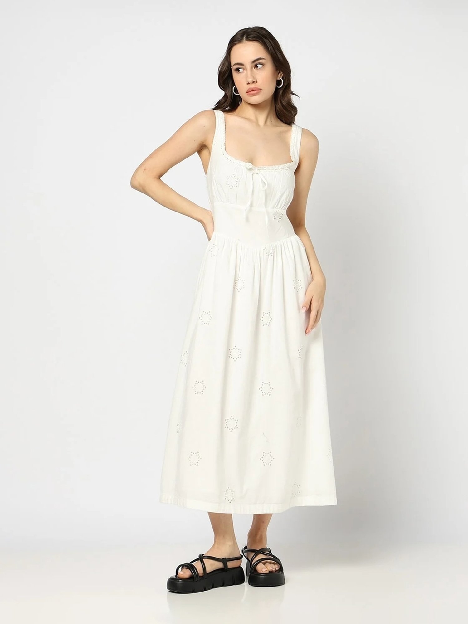 GAP Off White Cotton Solid Sleeveless Dress