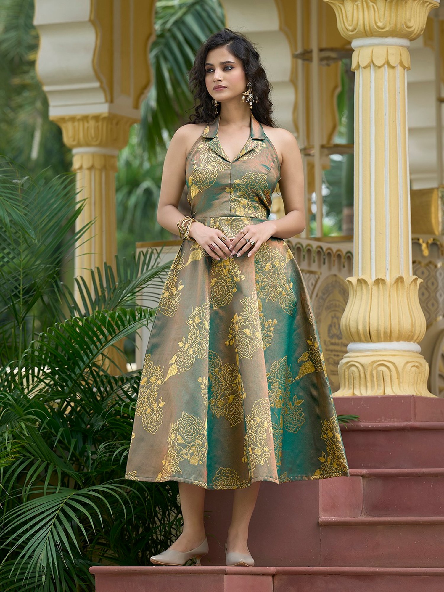 【新品】PHEA JACQUARD KEY NECK DRESS PURVAJA Teal Jacquard Embellished Fit & Flare Dress
