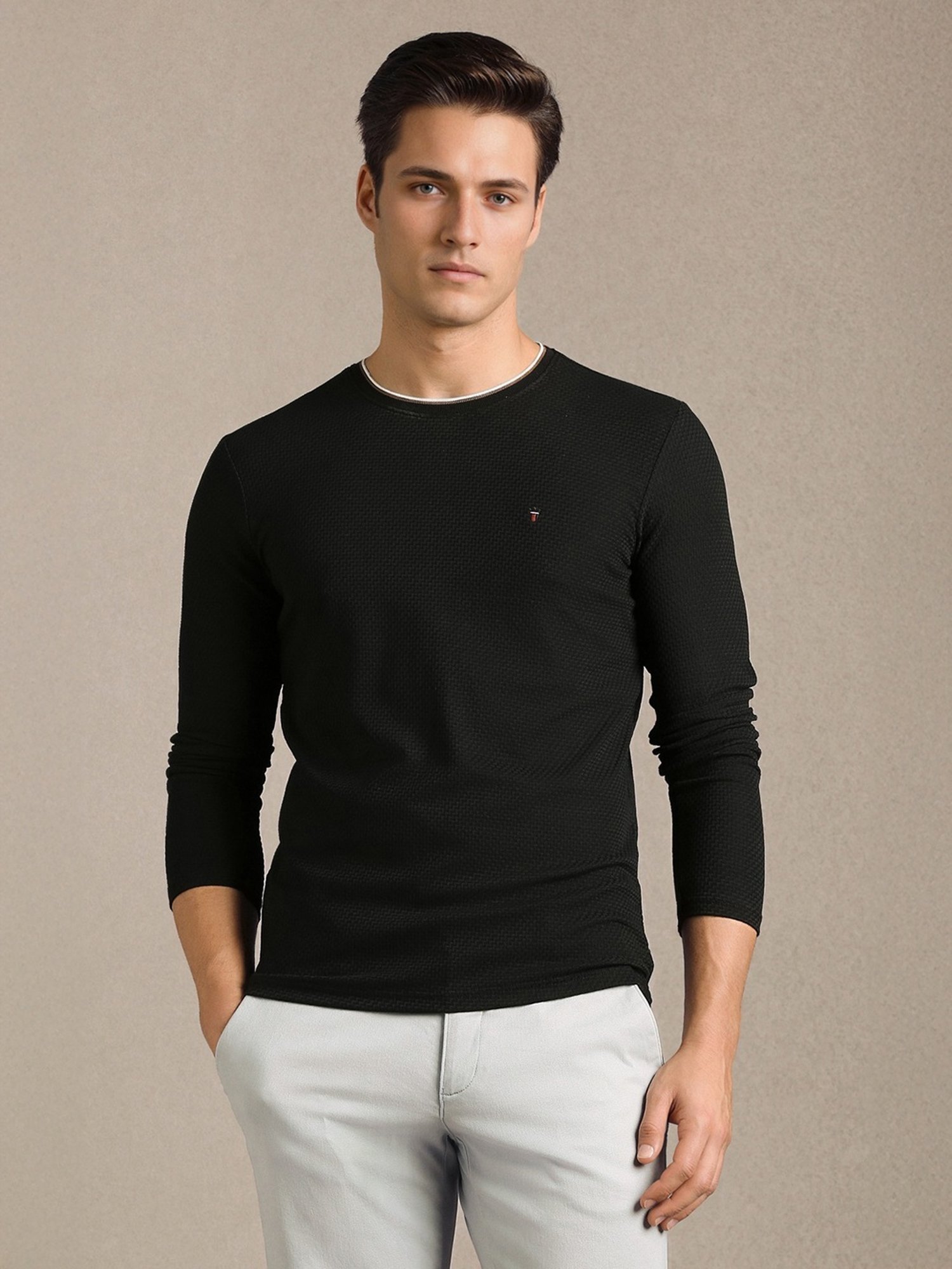 Louis Philippe Black Cotton Slim Fit T-Shirt