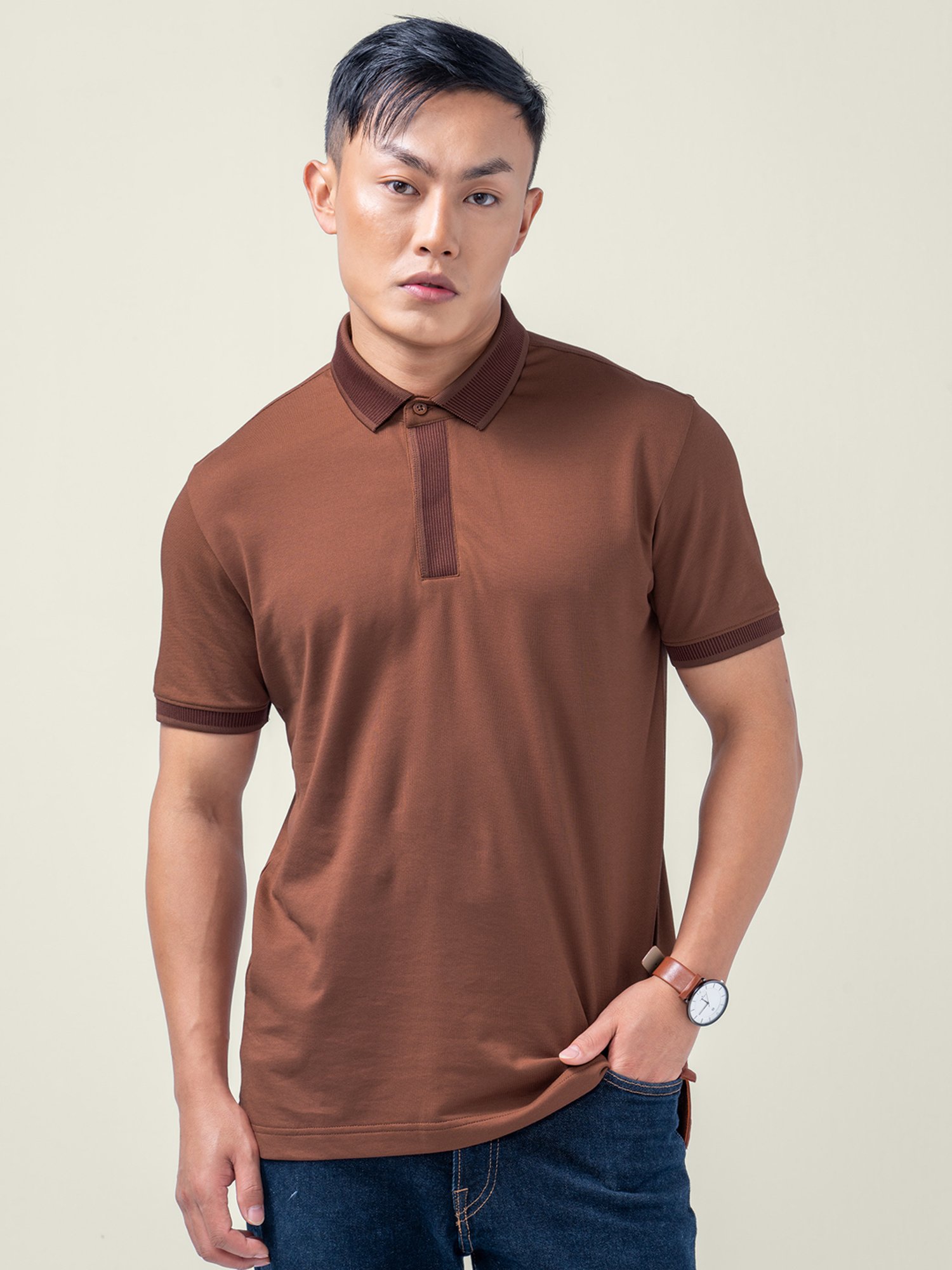 Damensch Spiced Brown Regular Fit Solid Polo T-Shirt