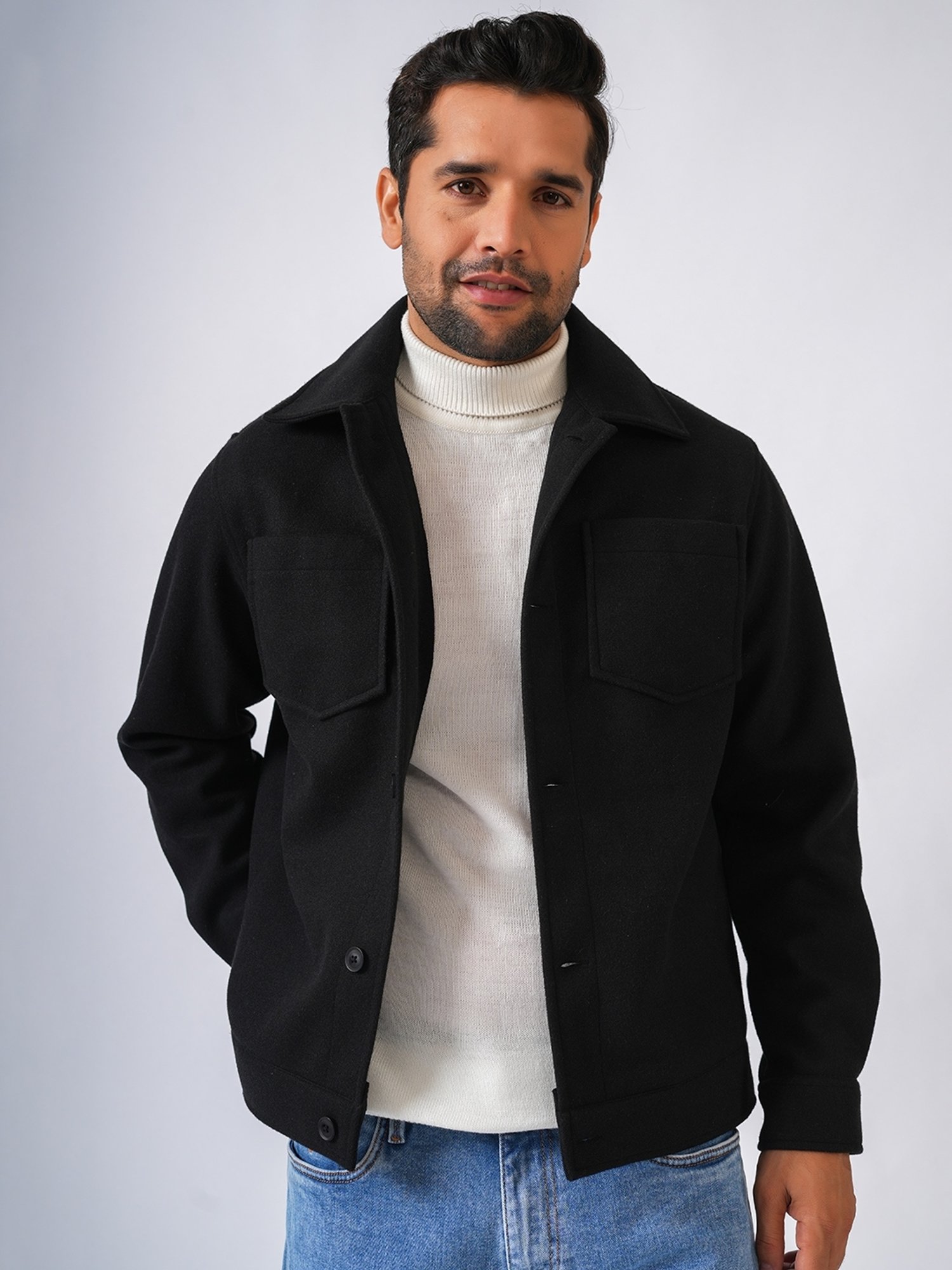 Perch Black Regular Fit Solid Jacket