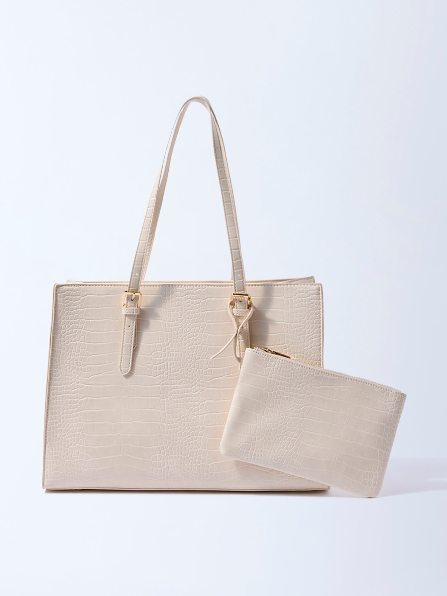 Westside Off-White Textured Laptop Bag with Pouch