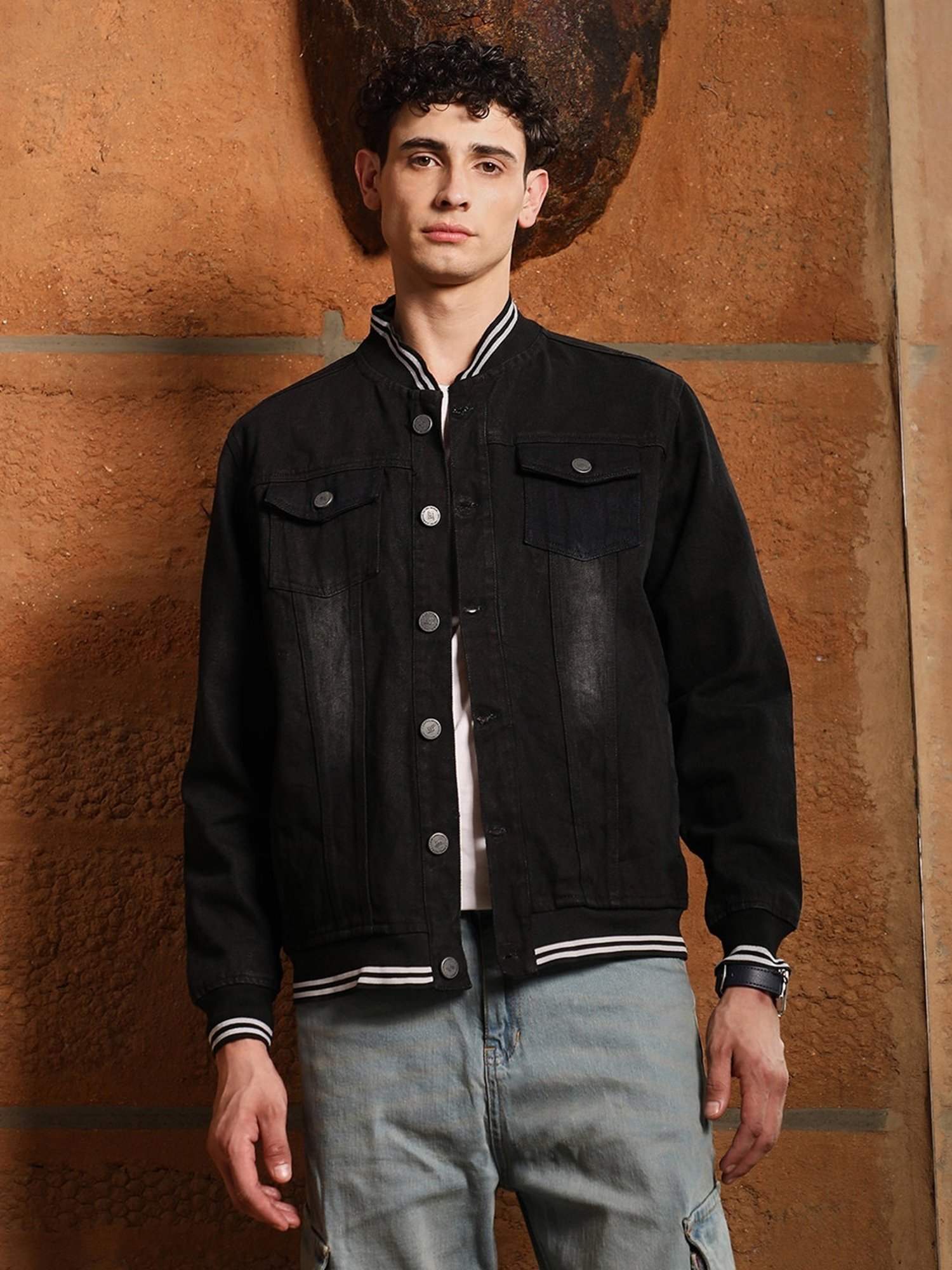 Campus Sutra Onyx Black Dark-Wash Tinted Denim Jacket