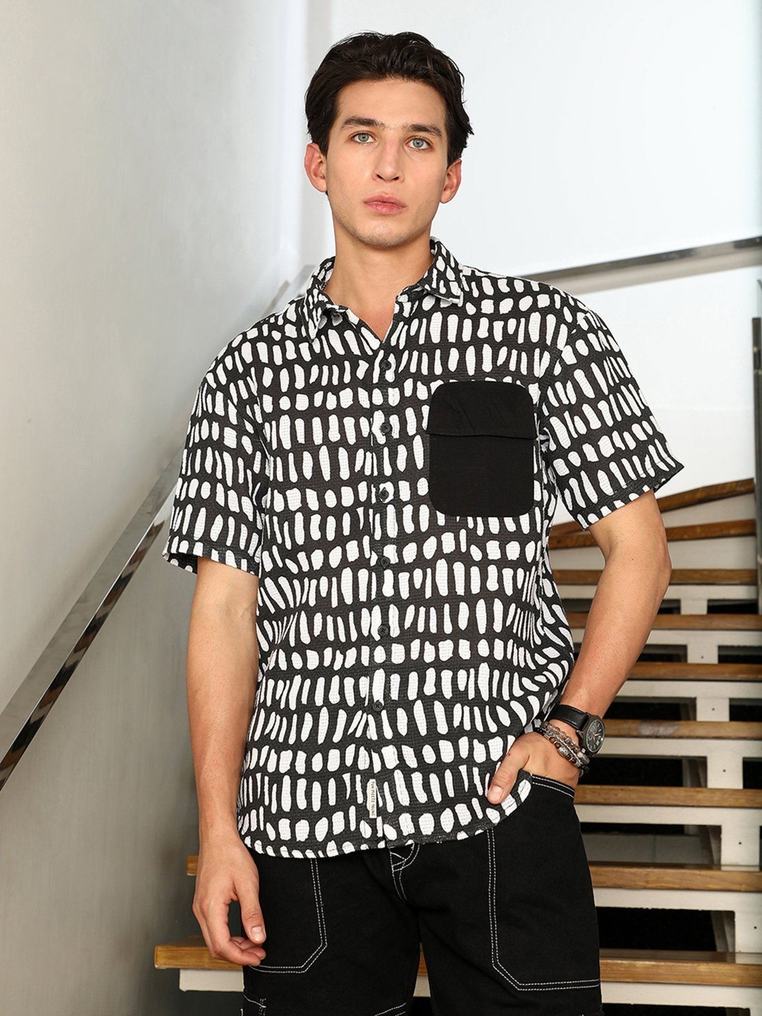 Campus Sutra Onyx Black & Chalk White Flap-Block Printed Oversized