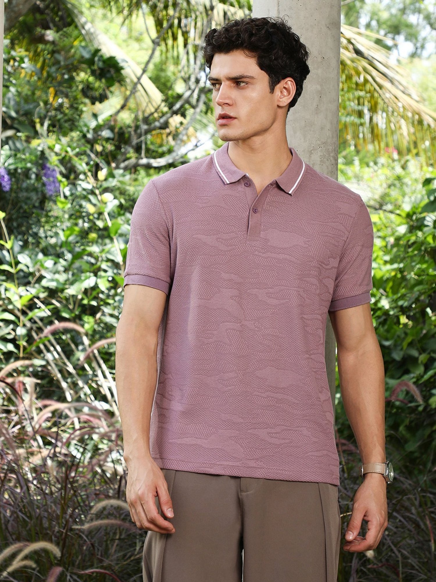 Campus Sutra Mauve Purple Abstract-Tactile Knit Polo T-Shirt
