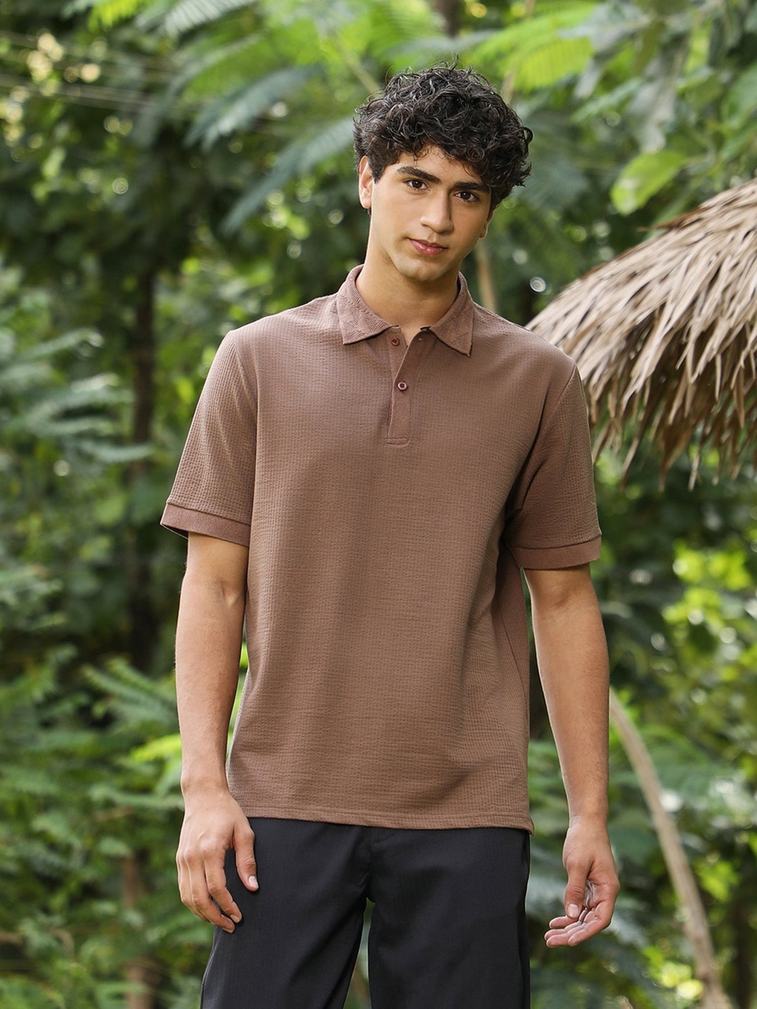 Campus Sutra Ash Brown Seersucker-Jacquard Polo T-Shirt