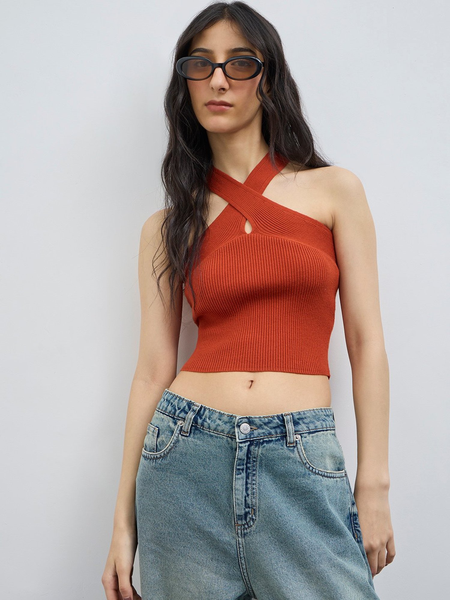 Nuon by Westside Rust Ribbed-Textured Halter-Neck Top