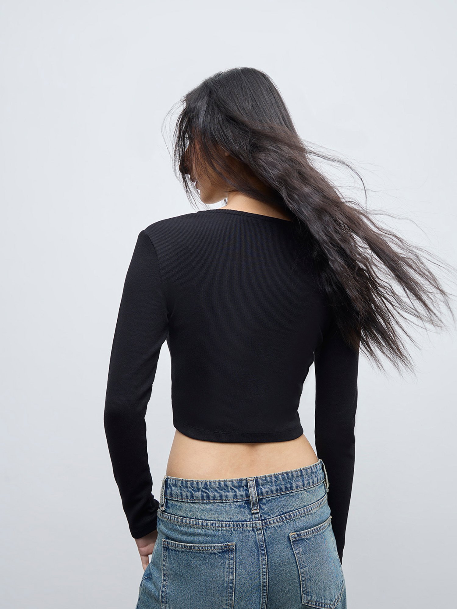 Nuon by Westside Black Ribbed-Textured Cotton-Blend Top