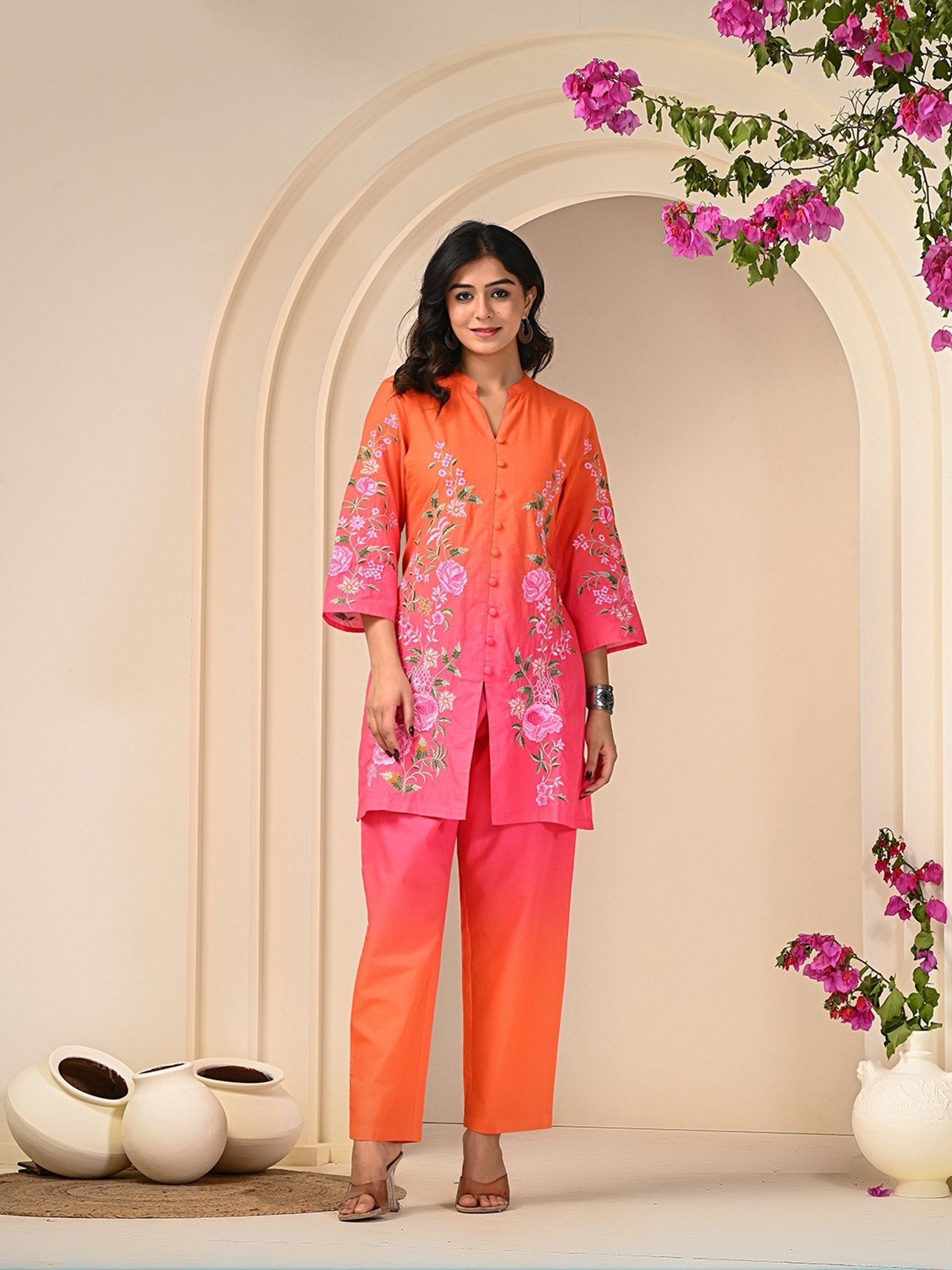 Zolo Label Pink Orange Ombre Embroidered Co-Ord Set