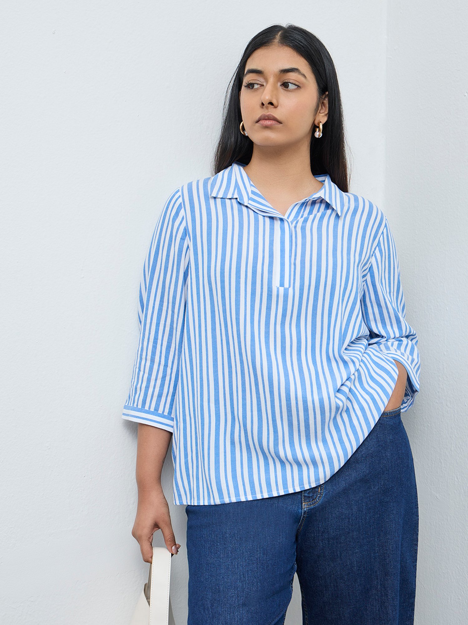 Gia by Westside Blue Striped Cotton Blouse