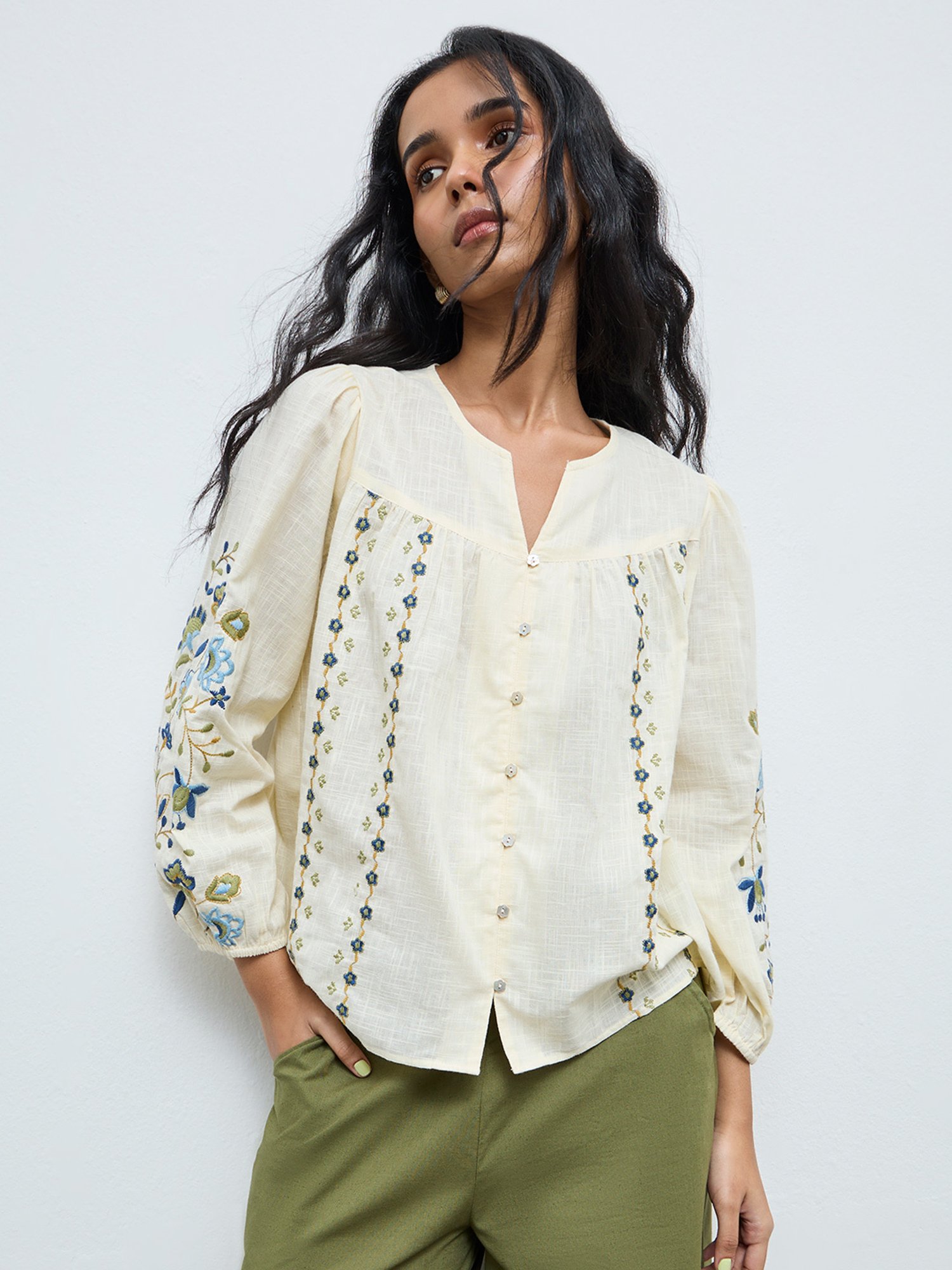 Bombay Paisley by Westside Cream Floral Embroidered Cotton Blouse