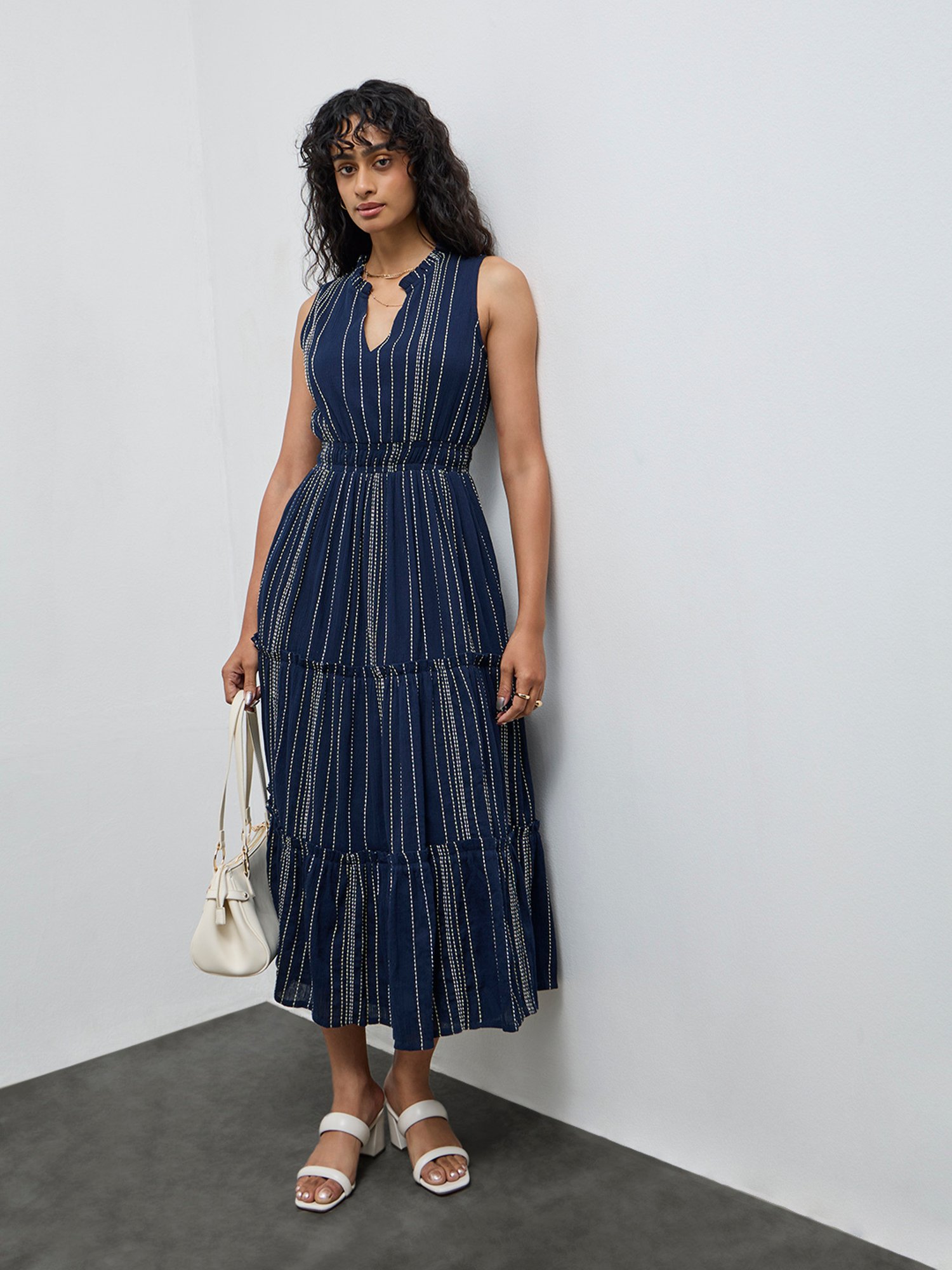 LOV by Westside Navy Striped Embroidered Cotton Tiered Dress