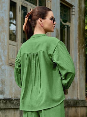 PURVAJA Green Linen Embroidered Shirt