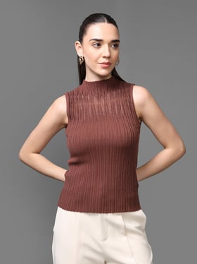 Kazo Brown Viscose Solid Sleeveless Dauphine Top
