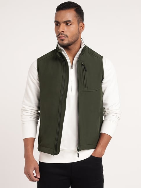 Buy Men's Olive Green High Neck Sleeveless Softshell Jacket Online