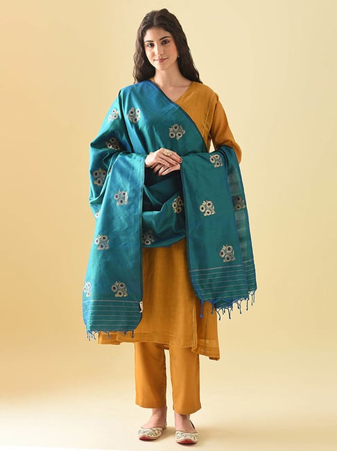 Jaypore Green Cotton Silk Hand Woven Dupatta-image-37
