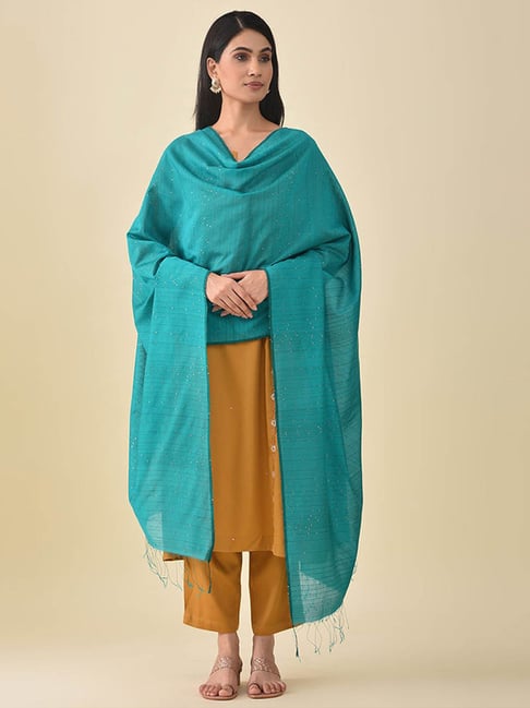 Jaypore Sea Green Silk Hand Woven Dupatta-image-35