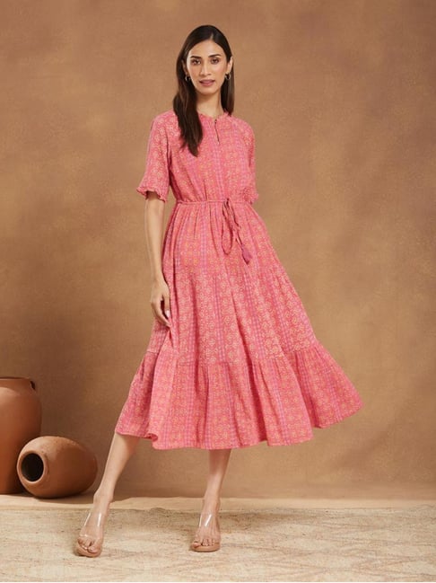 Fabindia Pink Cotton Printed Midi Dress