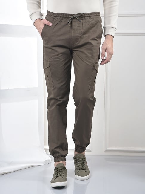 Crimsoune Club Green Cotton Regular Fit Solid Cargo Joggers