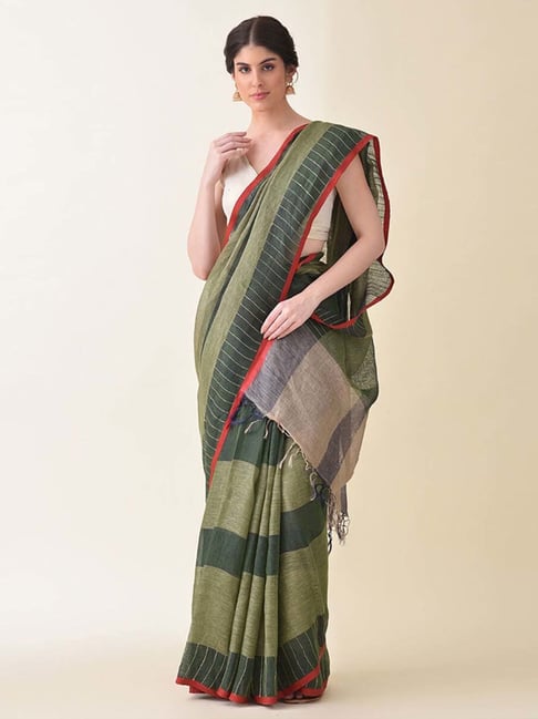 Jaypore Green Linen Hand Woven Saree-image-27
