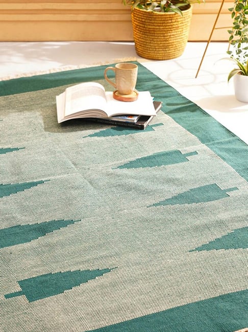 Jaypore Green Cotton Hand Woven Rectangle Woven Rug-image-28