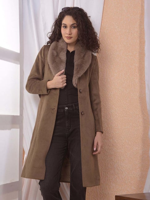 Crimsoune Club Brown Solid Long Sleeves Overcoat With Belt