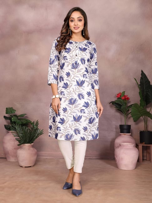 Rangita White & Blue Rayon Floral Print Kurta-picture-30