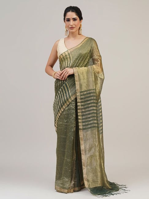 Jaypore Green Striped Hand Woven Saree-image-30