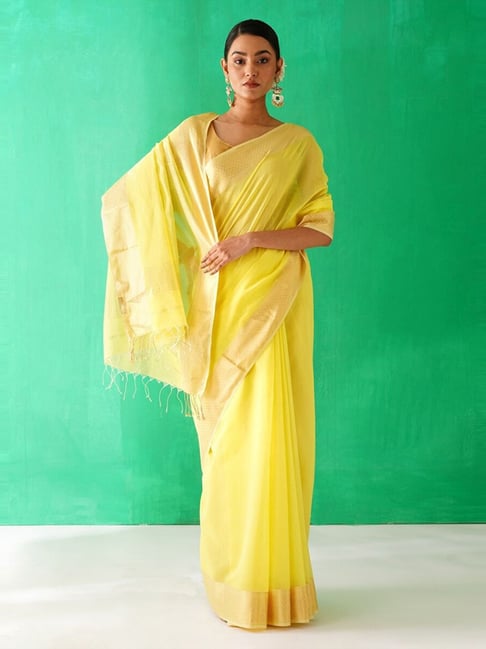 Jaypore Yellow Woven Maheshwari Saree-picture-21