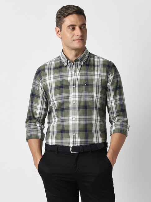 Peter England Green Cotton Slim Fit Checked Shirt-picture-15