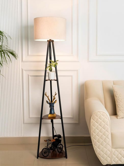 Divine Trends Black Metal 3 Shelves Drum Shade Antique Floor Lamp