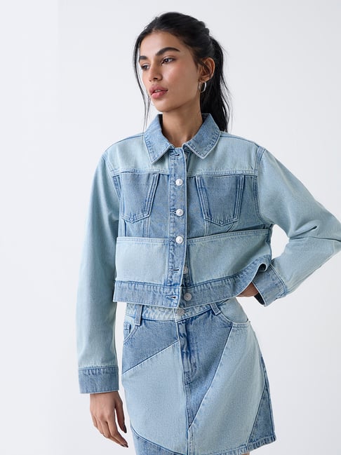 nuon women Nuon by Westside Light Blue Colour-Block Denim Jacket-picture-35