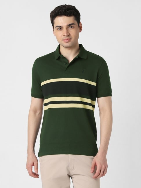 Peter England Green Cotton Regular Fit Striped Polo T-Shirt-picture-39